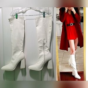 70s Chunky Heel White Disco Knee High Boots - skinny calf